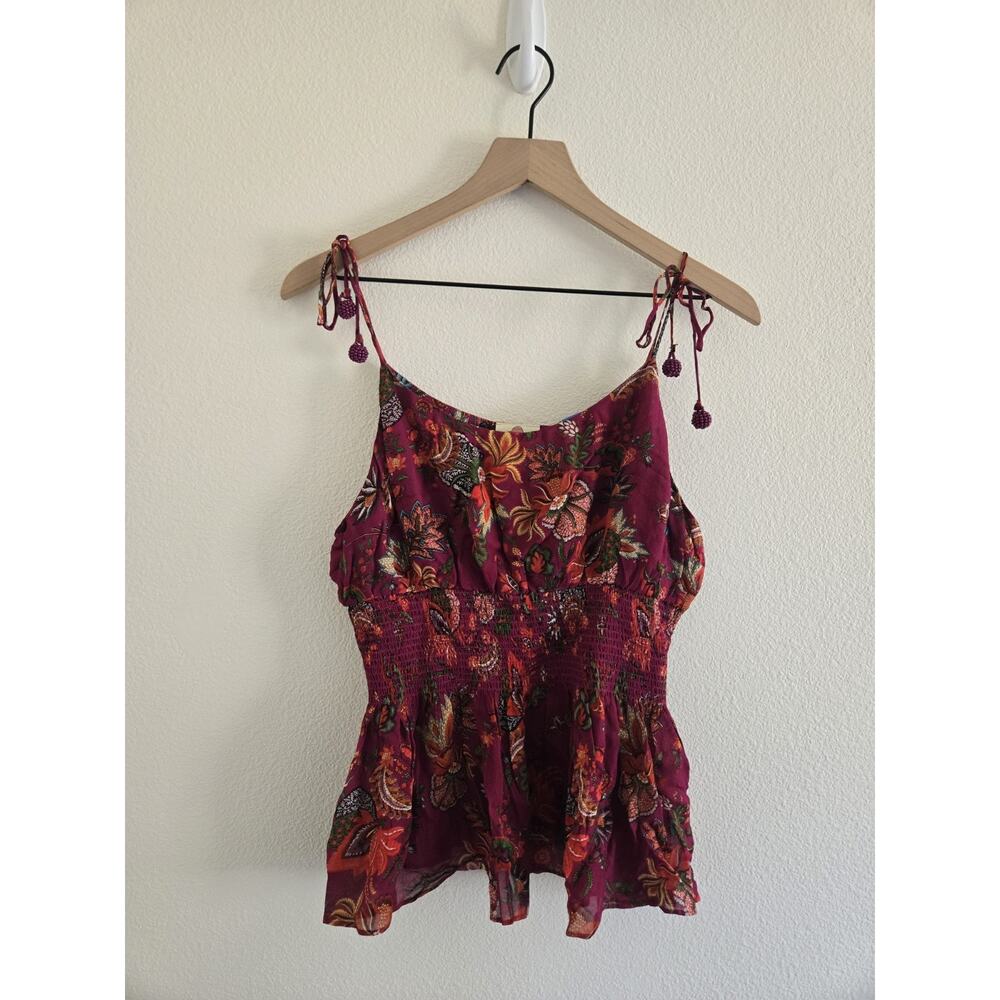 Farm Rio Anthroplogie Meg Smocked Cami Top XL Floral Maroon Beaded Boho Summer